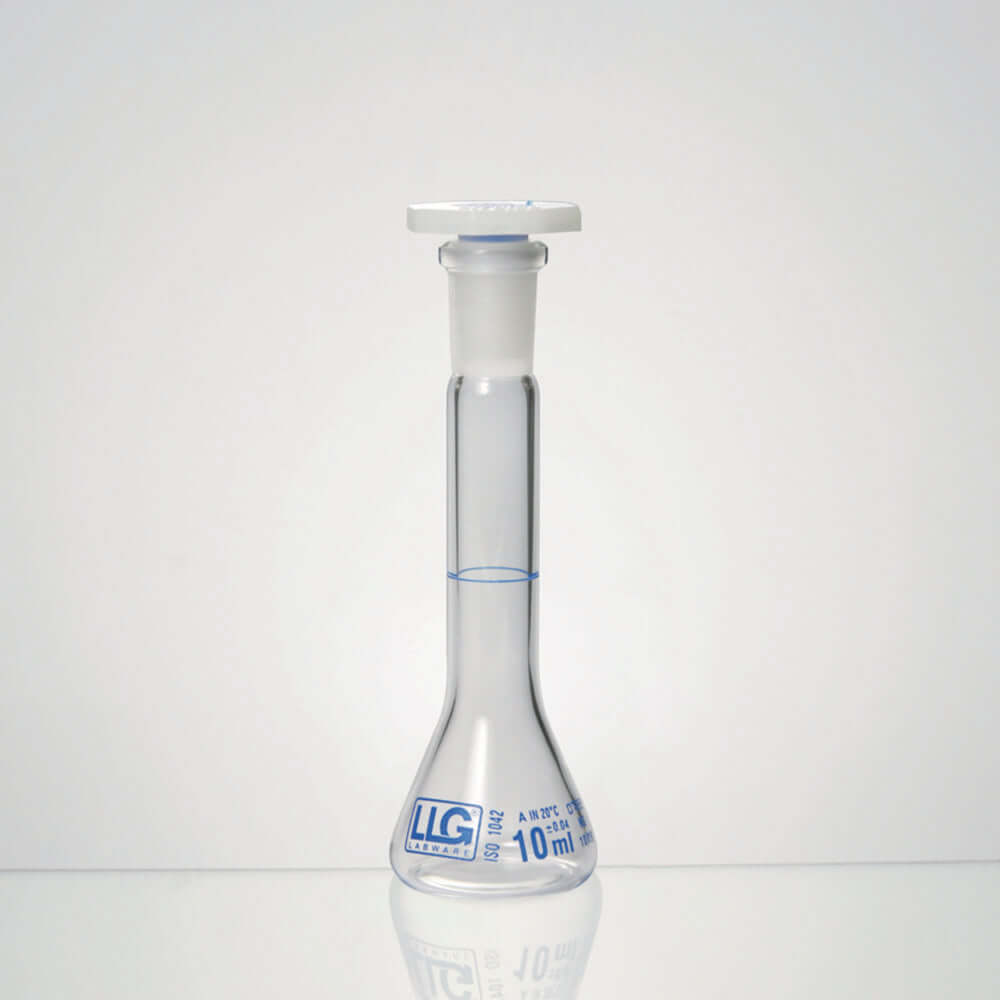 Maatkolven 1 ml, helder, trapeziumvormig, boro 3.3, klasse A, NS 07/16, PE-stop, blauwe schaalverdeling, batchidentificatie
