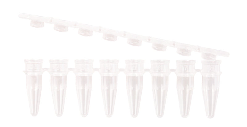 Productfoto van PCR-buisjes, 0,2 ml, PP, transparant, DNA/RNA vrij, strip van 8, vaste platte dop