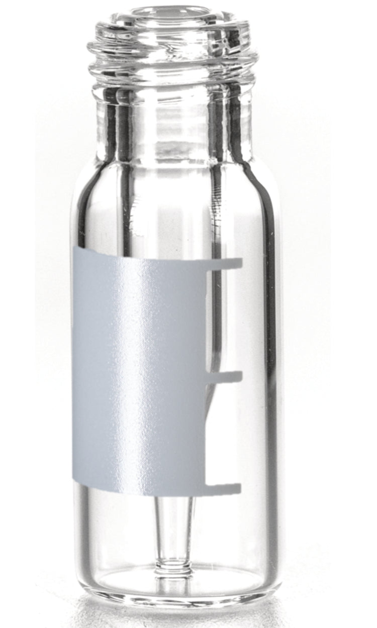 LLG-flesje met korte schroefdraad en geïntegreerd micro-inzetstuk van 0,2 ml, 32 x 11,6 mm, helder glas, 1e hydrolytische klasse, “Base Bond”, beschrijfbaar veld en