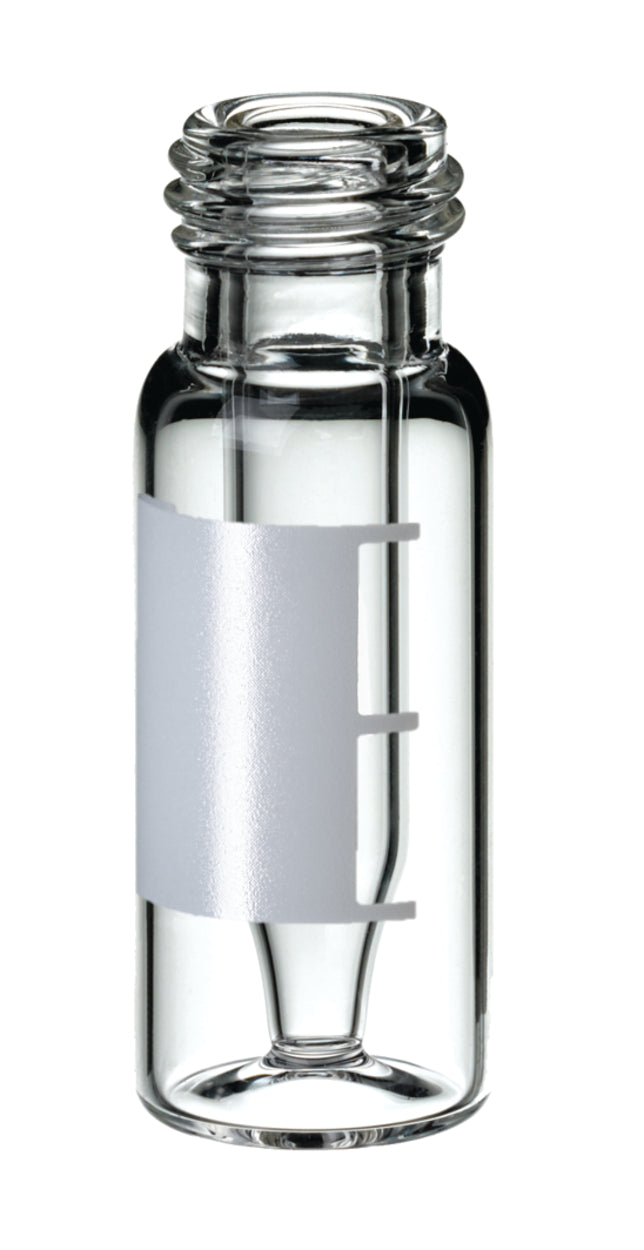 LLG-flesje met korte schroefdraad ND 9 met geïntegreerd micro-inzetstuk van 0,3 ml, 32 x 11,6 mm, helder glas, 1e hydrolytische klasse, “Base Bond”, beschrijvingsveld en