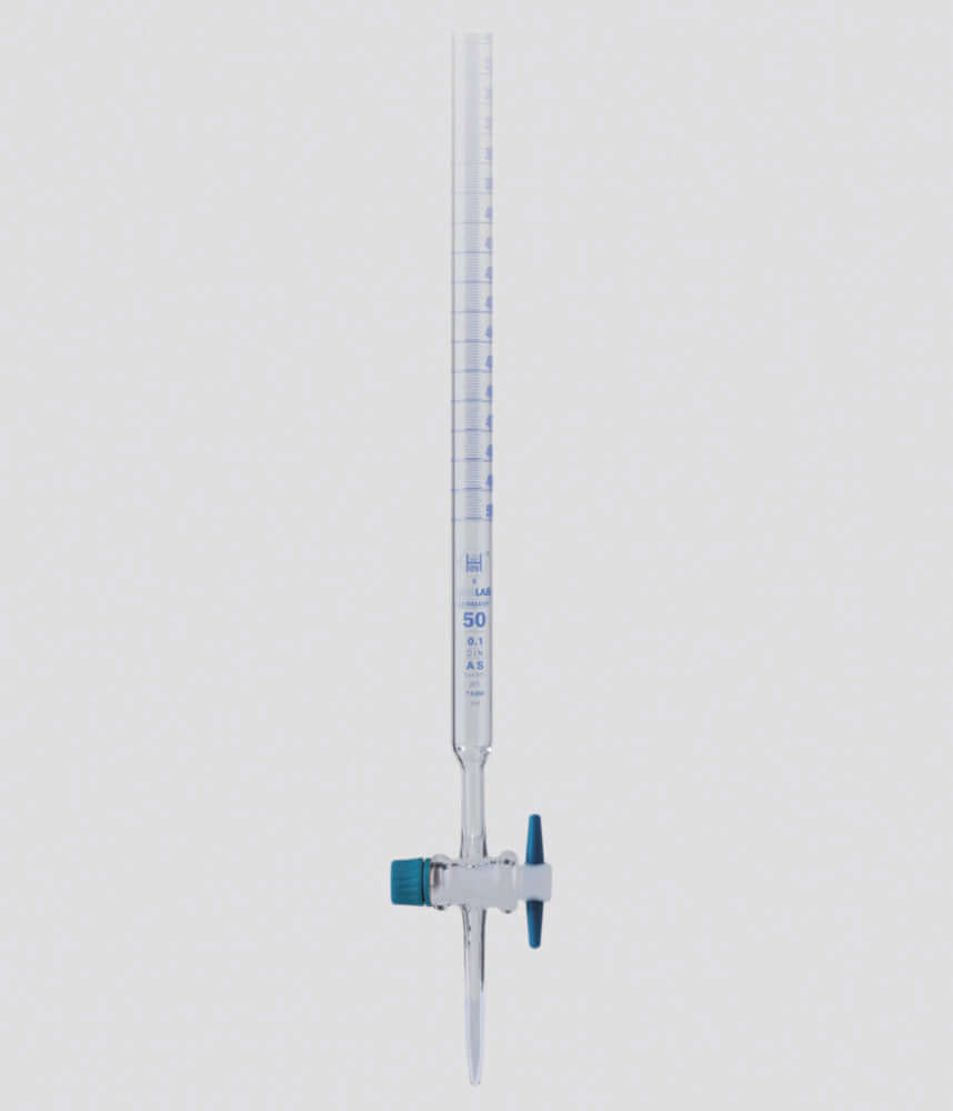 Buret, 25:0,1 ml, klasse AS, borosilicaatglas 3.3, rechte kraan, PTFE spindel