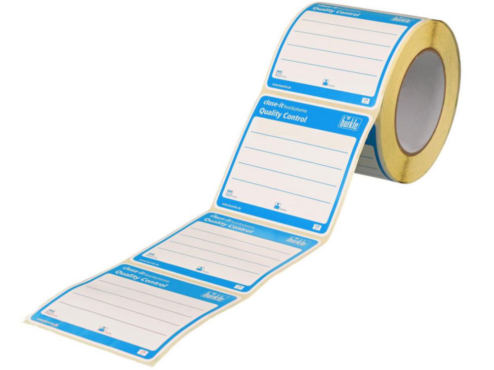 Close-it-controlezegels voor levensmiddelen, blauw, 95x95 mm, bedrukte rol van 500 stuks