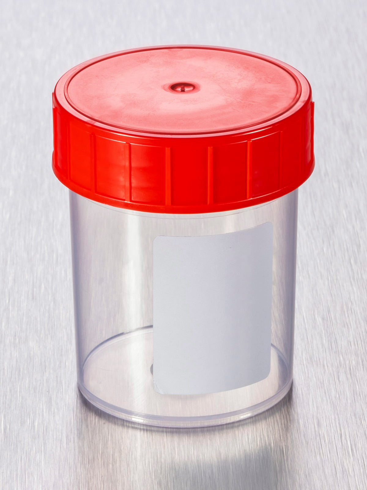 Container 125ml PP, wit label, schroefdeksel rood, steriel