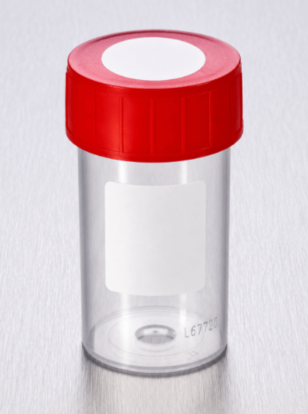 Container PP 60 ml, rd dksl + 2 stickers