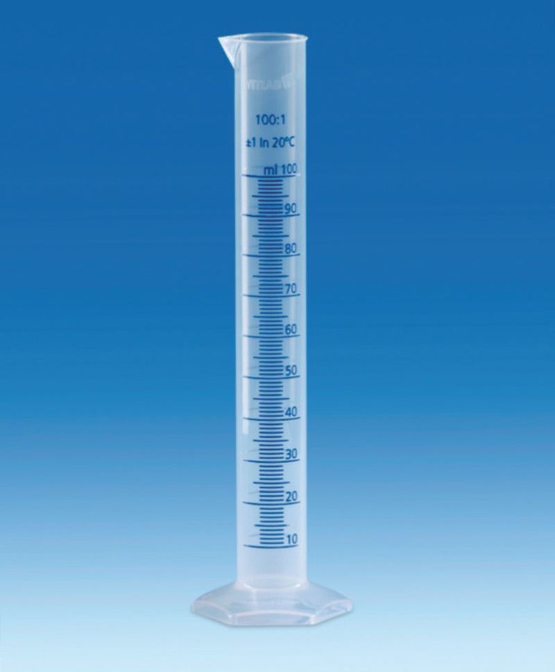 Productfoto van Maatcilinder 10 ml, PP, klasse B, 145 mm, hoog model, blauwe maatverdeling