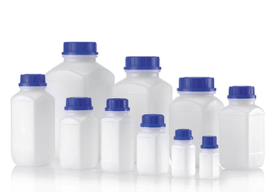Fles, HDPE, wit, vierkant, wijdmonds
