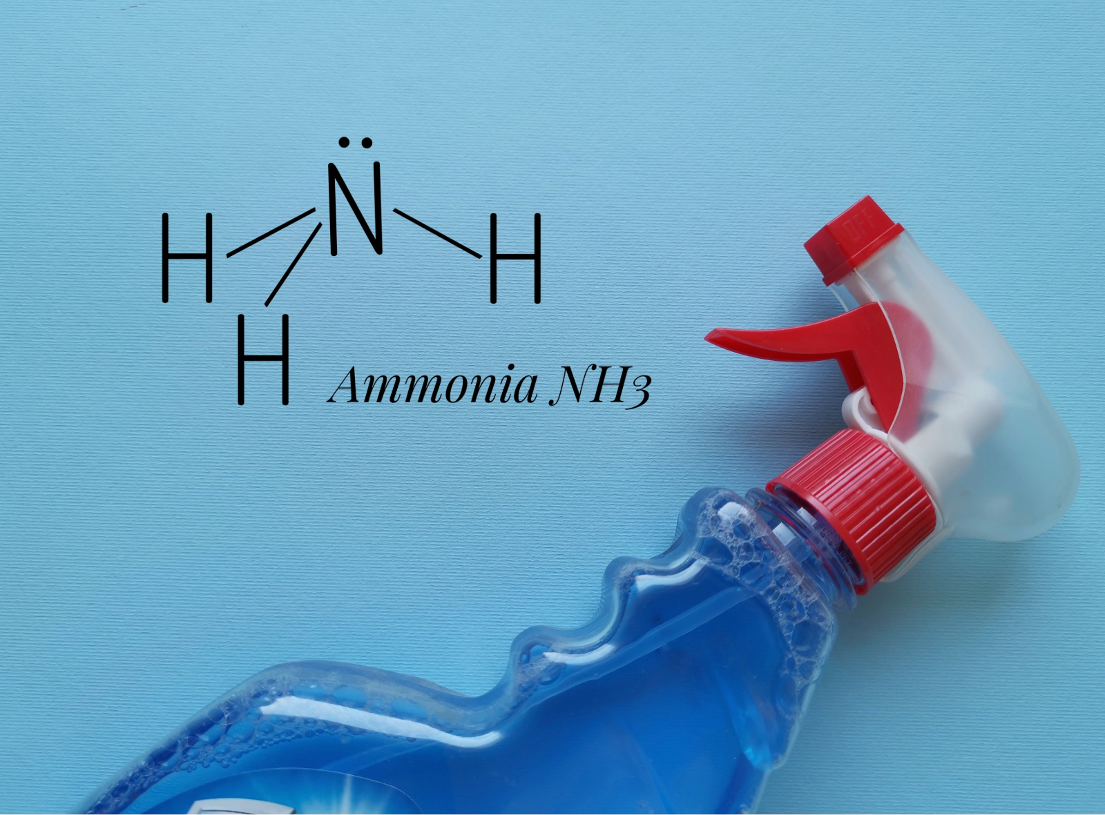 Structuurformule van ammonia (NH₃) naast een blauwe sprayfles met rode dop, symbool voor gebruik als reiniger en chemisch middel.
