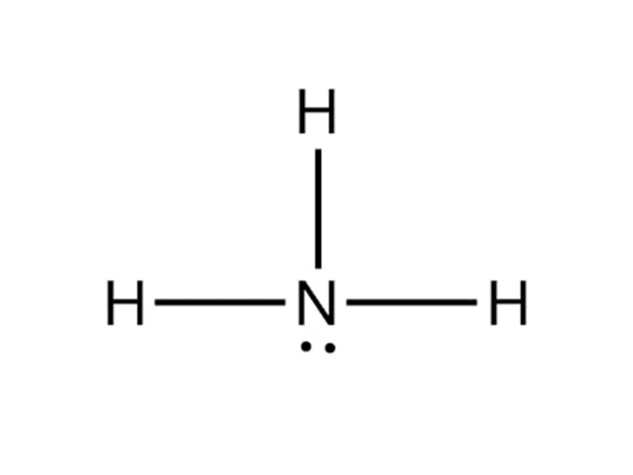 Structuurformule van ammonia (NH₃), met een stikstofatoom (N) gebonden aan drie waterstofatomen (H) en een vrij elektronenpaar.