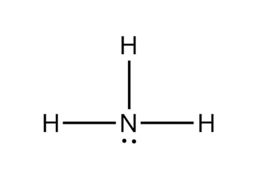 Structuurformule van ammonia (NH₃), met een stikstofatoom (N) gebonden aan drie waterstofatomen (H) en een vrij elektronenpaar.