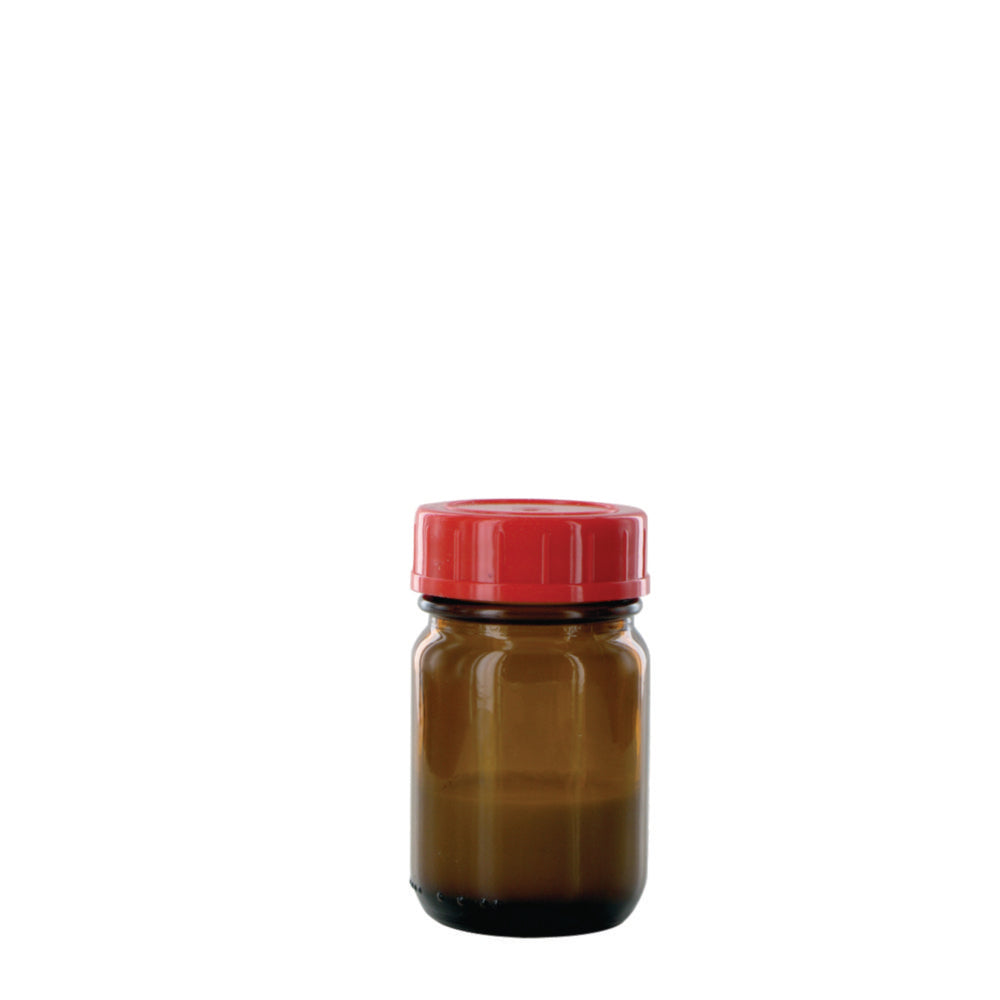 Breedhalsfles RB 50 GT, 50 ml amberkleurig glas, met sluiting en PTFE-inzetstuk, schroefdraaddiameter 32 mm