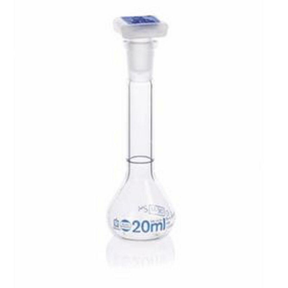 Maatfles 20 ml, BLAUBRAND® klasse A, NS-PP-stop, NS 10/19, Boro 3.3, verpakking van 2