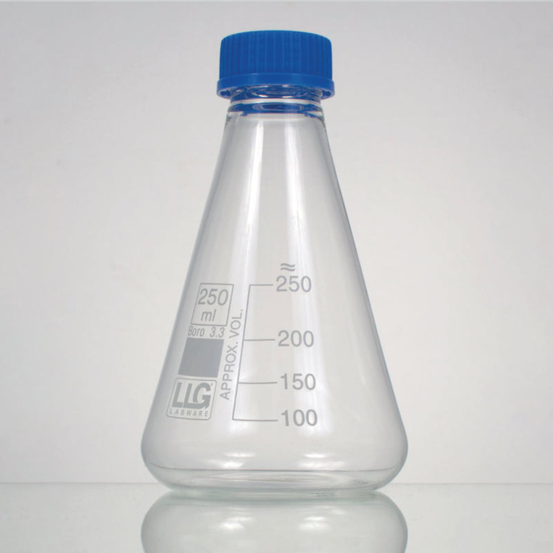 Erlenmeyerkolven met PP-schroefdop, 100 ml, boro. 3.3, witte maatverdeling