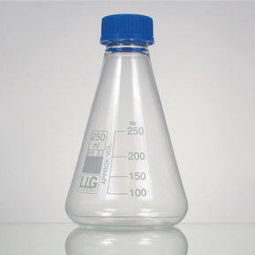 Erlenmeyerkolven met PP-schroefdop, 100 ml, boro. 3.3, witte maatverdeling