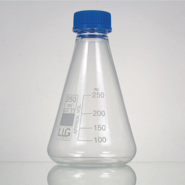 Erlenmeyerkolven met PP-schroefdop, 100 ml, boro. 3.3, witte maatverdeling