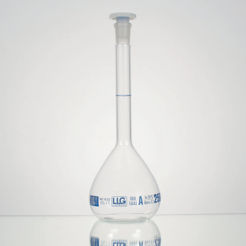 Maatkolven, klasse A, 25 ml, NS 12/21, boro. 3.3, blauwe maatverdeling en PE-stop