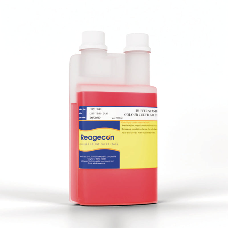 Productfoto van Bufferoplossing pH 4,01 +/- 0,02 bij 25°C, Kunststof fles 500ml, rood, NIST/ISO17034