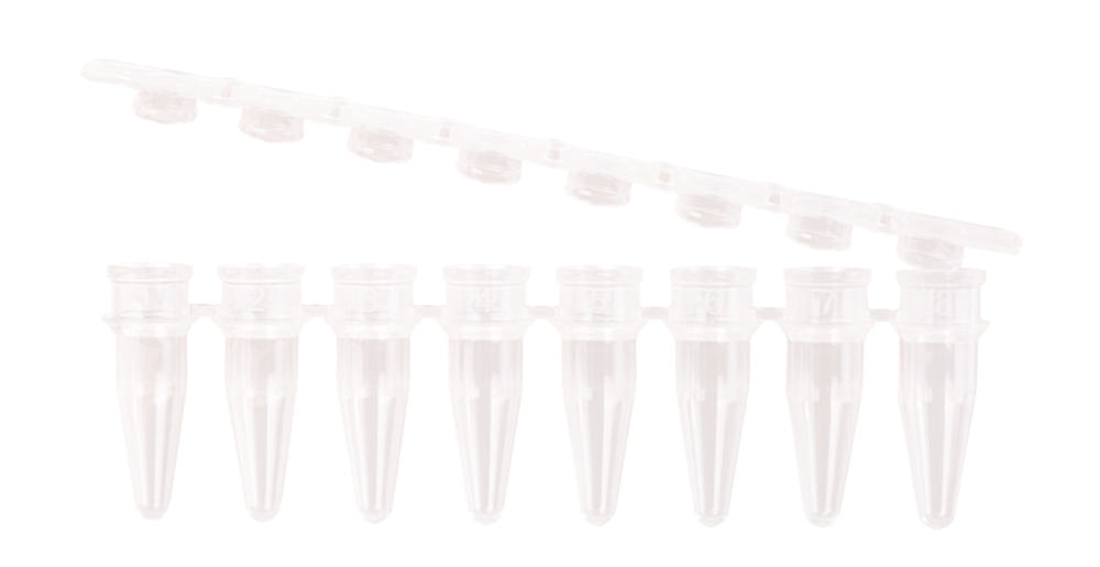 PCR-buisjes, 0,2 ml, 8-buisstrip, transparant, PP, afgehechte platte kap, DNA/RNA vrij