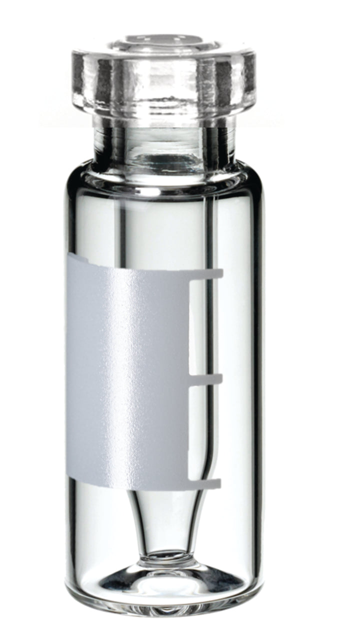 LLG-flesje met gekrompen hals ND11 met geïntegreerd micro-inzetstuk van 0,3 ml, 32 x 11,6 mm, helder glas, 1e hydrolytische klasse, „Base Bond“, beschrijvingsveld en