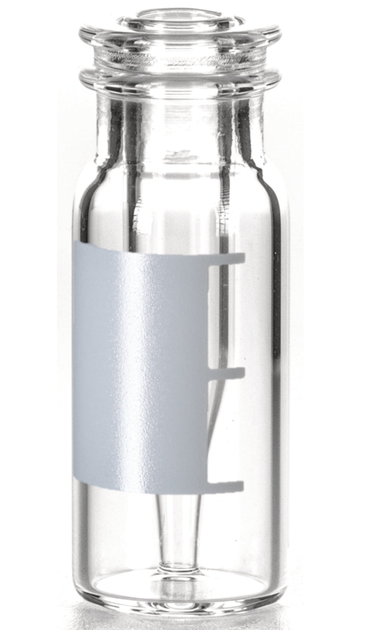 LLG-flesje met klikring en geïntegreerd micro-inzetstuk van 0,2 ml, 32 x 11,6 mm, helder glas, hydrol. klasse 1, „Base Bond“, beschriftingsveld en