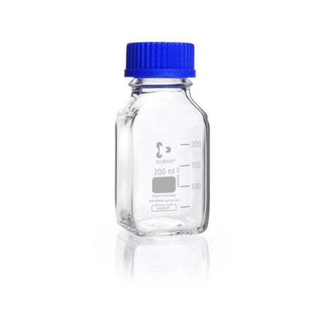 Productfoto van Fles 250ml, Vierkant, BORO 3.3, Nauwmonds, Helder, GL45, met dop