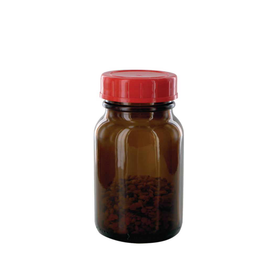 Fles met brede opening 250 ml, amberkleurig met PTFE-gelamineerde dop, DIN 55