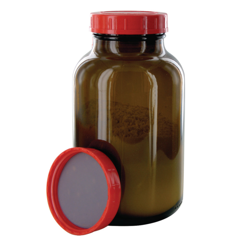 Flessen met brede opening 1000 ml, amberkleurig met PTFE-gelamineerde dop, DIN 68
