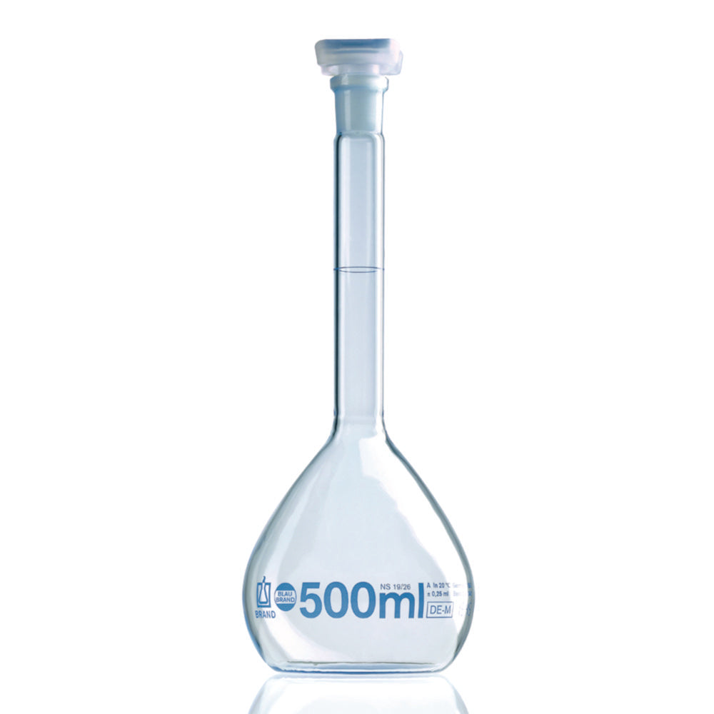 Maatfles 200 ml, BLAUBRAND® klasse A, NS-PP-stop, NS 14/23, Boro 3.3, verpakking van 2