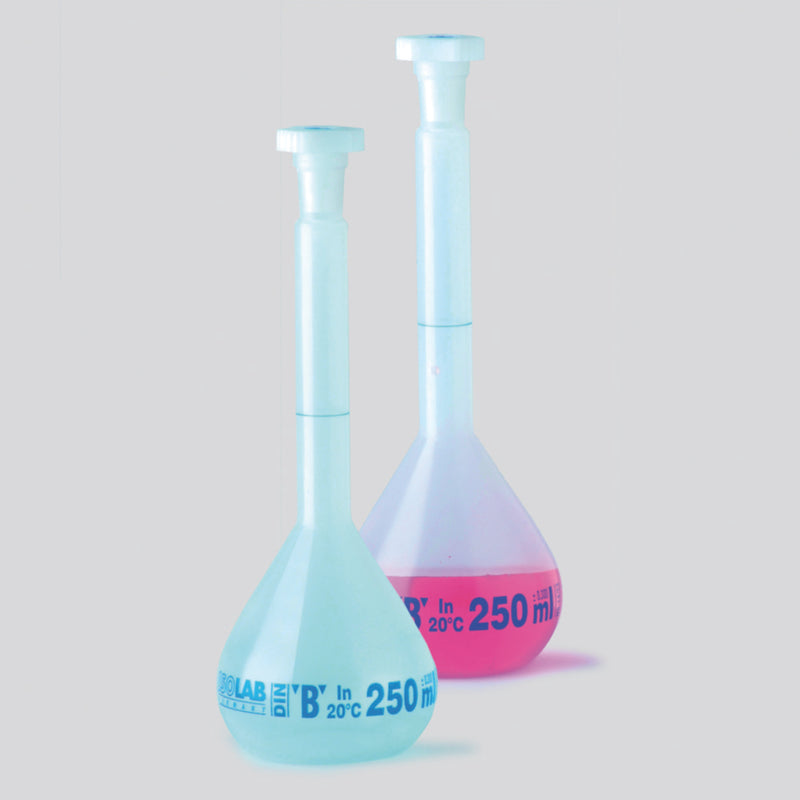 Productfoto van Maatkolf 25 ml, PP met PP stop  NS10/19, blauwe streep