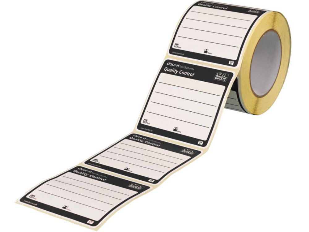Close-it-controlezegels voor levensmiddelen, zwart, 95x95 mm, bedrukte rol van 500 stuks