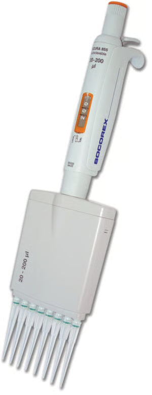 Acura® manual 855 multikanaal pipet, 20–200 µl, 8-kanaals, verstelbaar, autoclaafbaar