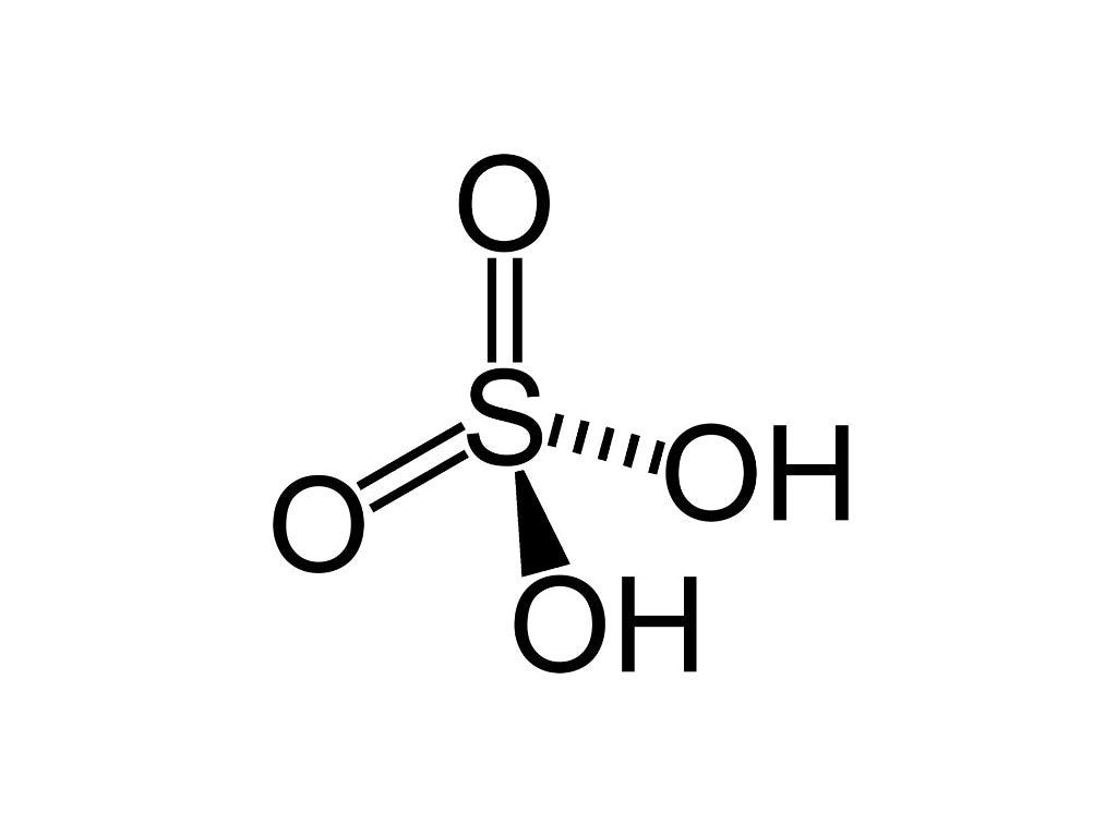 Structuurformule van zwavelzuur (H₂SO₄) met de molecuulstructuur weergegeven.