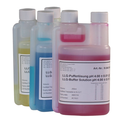 Bufferoplossing pH 4,00 +/- 0,01 bij 25°C, Fles met kalibreerkamer 250ml, rood, NIST