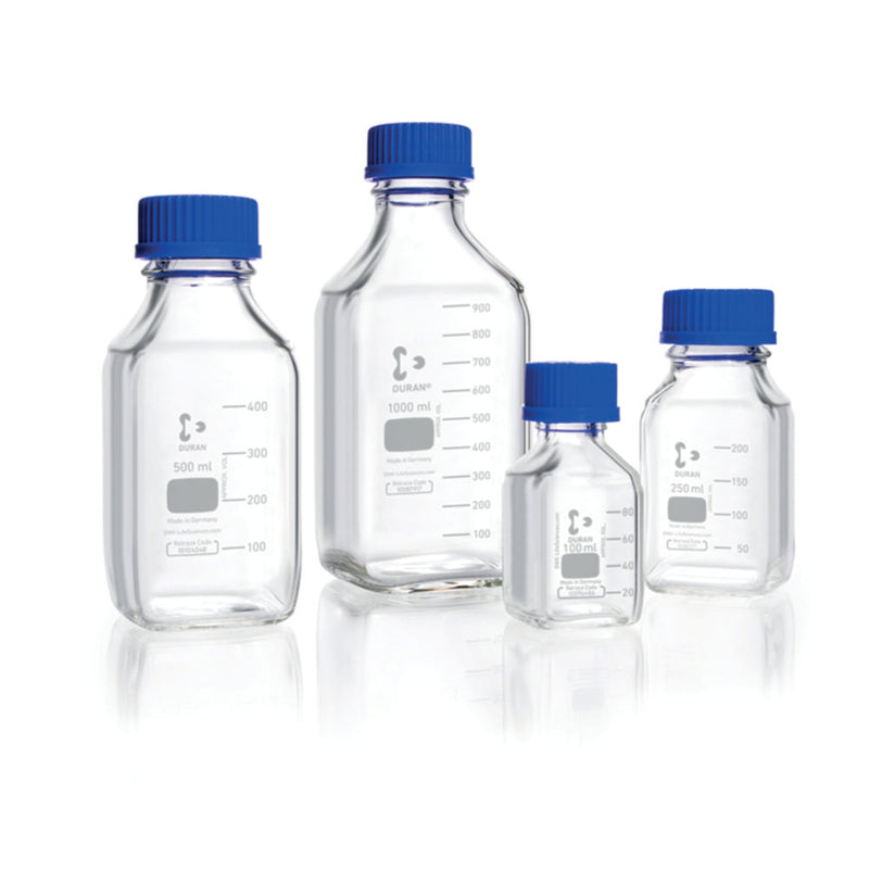 Productfoto van Fles 100ml, Vierkant, BORO 3.3, Nauwmonds, Helder, GL32, met dop