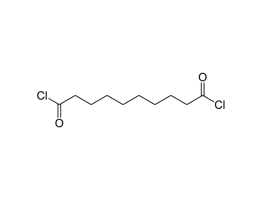 Structuurformule van Sebacoylchloride, 97% zuiver. Belangrijk voor hoogwaardige industriële toepassingen zoals polymeren en coatings.